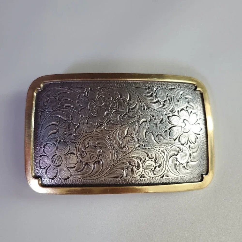 Western Floral Engraved Belt Buckle Two Tone Gold Silver Tone Rectangular